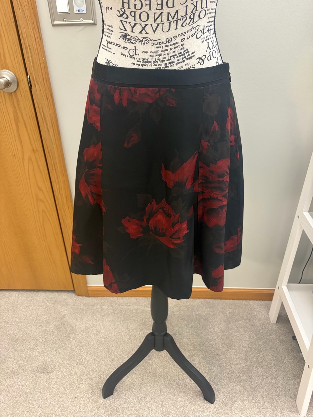 Ann Taylor Black Skirt with Deep Red Floral Print